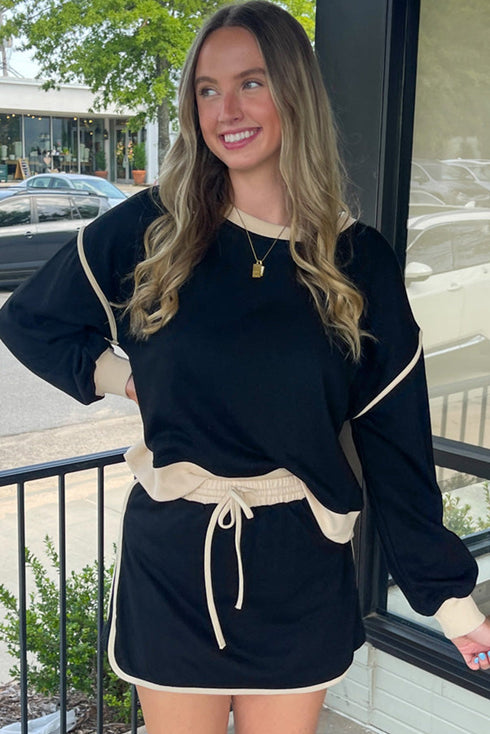 Color Contrast Loose Pullover and Lace-up Waist Skort Set
