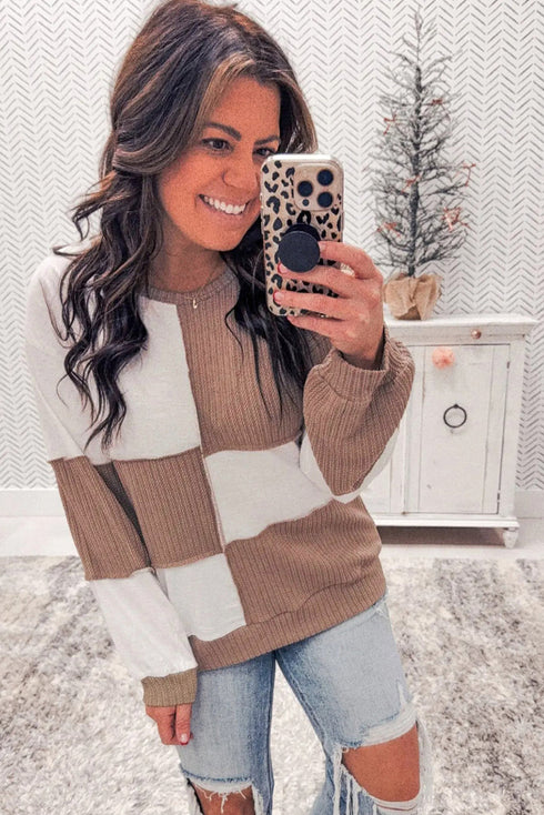 Colorblock Checkered Raw Seamed Ribbed Round Neck Top