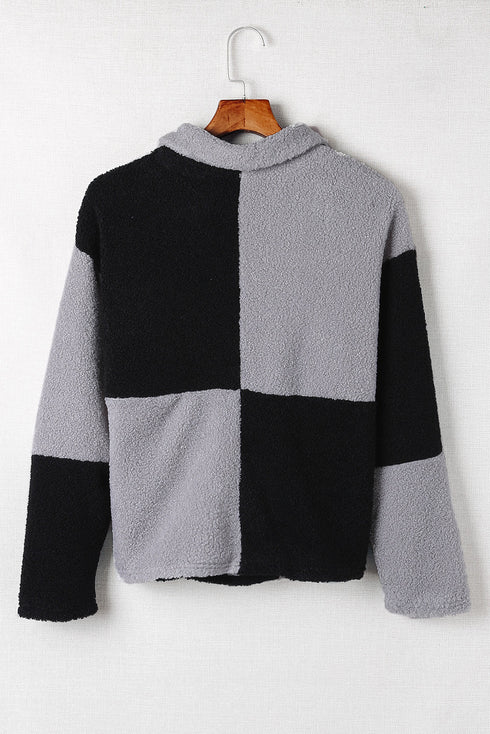 Colorblock Checkered Sherpa Jacket