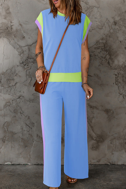 Colorblock Contrast Sleeve Wide Leg Lounge Pant Set
