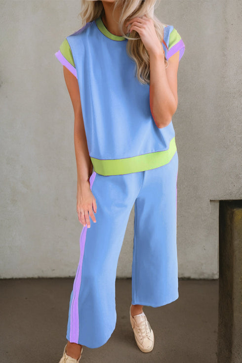 Colorblock Contrast Sleeve Wide Leg Lounge Pant Set
