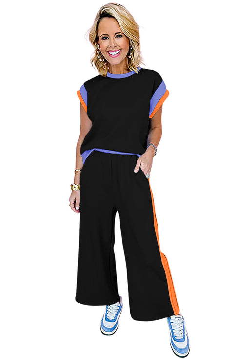 Colorblock Contrast Sleeve Wide Leg Lounge Pant Set