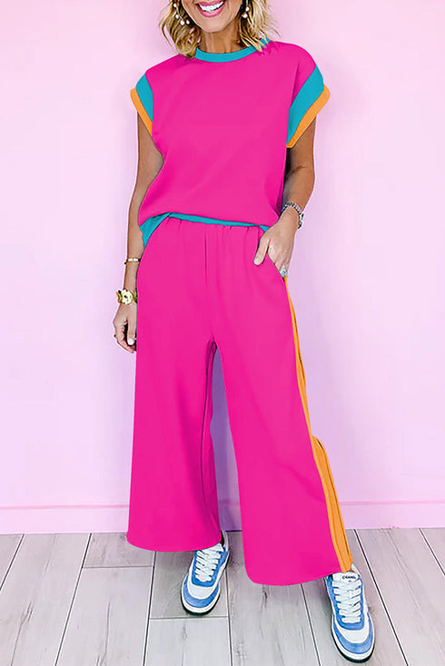 Colorblock Contrast Sleeve Wide Leg Lounge Pant Set