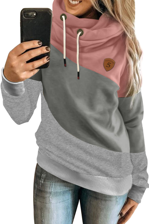 Colorblock Cowl Neck Pullover Hoodie