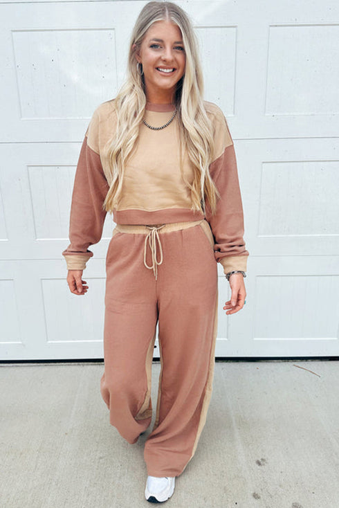 Colorblock Drop Shoulder Crop Top Wide Leg Pant Set