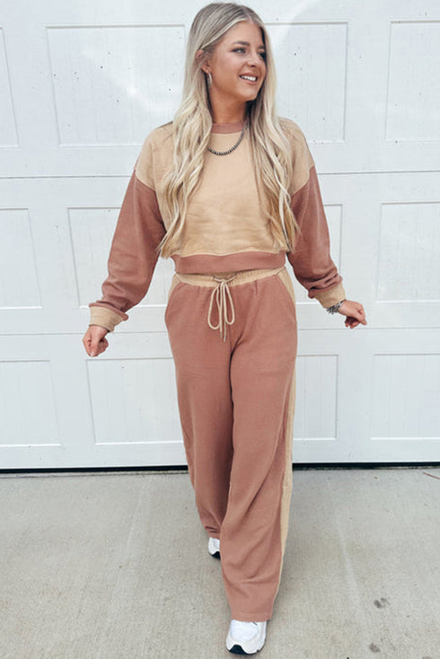 Colorblock Drop Shoulder Crop Top Wide Leg Pant Set