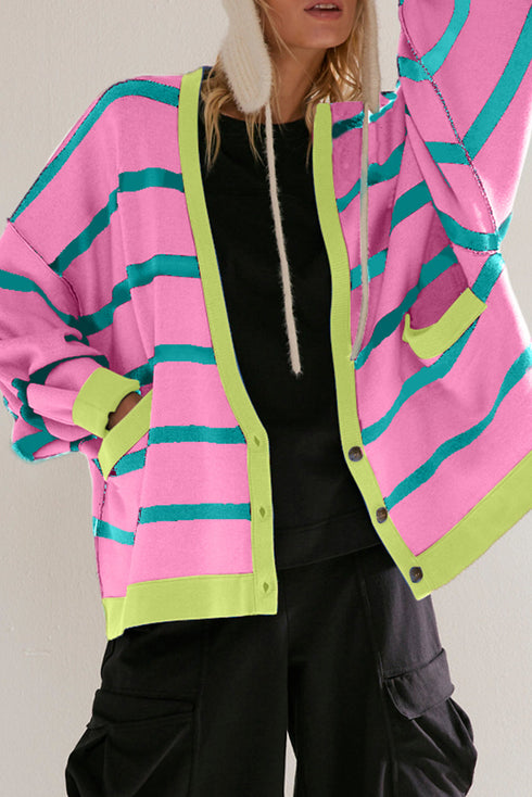 Colorblock Drop Shoulder V-Neck Button Front Cardigan Sweater