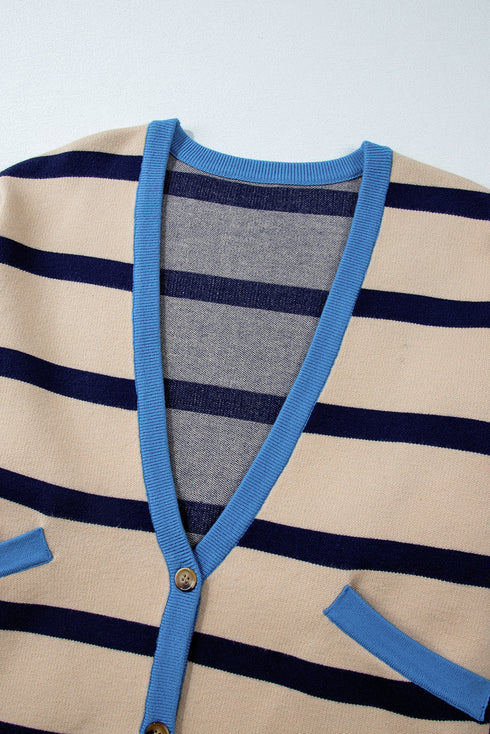 Colorblock Drop Shoulder V-Neck Button Front Cardigan Sweater