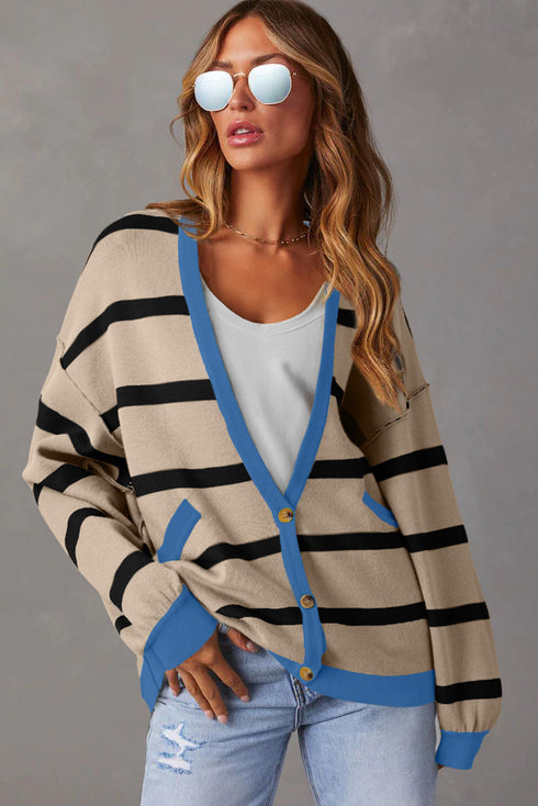Colorblock Drop Shoulder V-Neck Button Front Cardigan Sweater