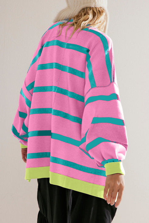 Colorblock Drop Shoulder V-Neck Button Front Cardigan Sweater