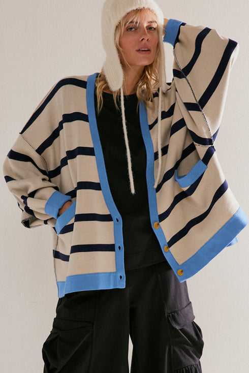 Colorblock Drop Shoulder V-Neck Button Front Cardigan Sweater