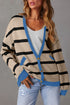 Colorblock Drop Shoulder V-Neck Button Front Cardigan Sweater