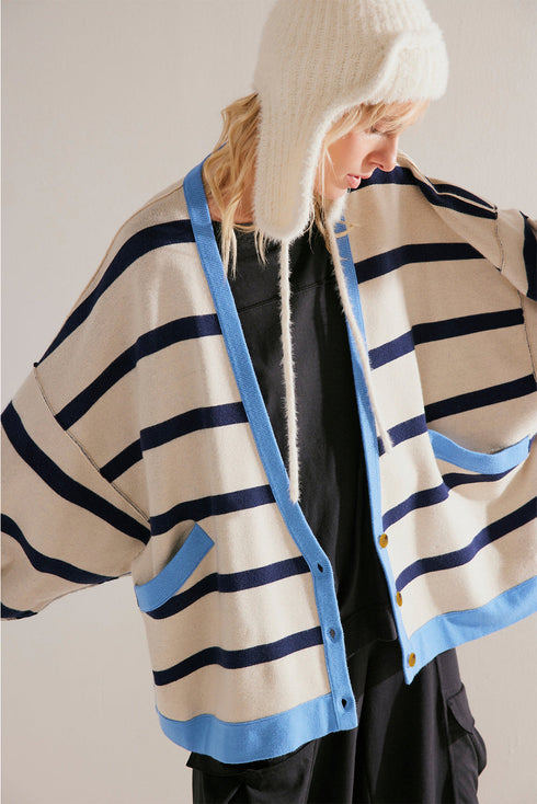 Colorblock Drop Shoulder V-Neck Button Front Cardigan Sweater