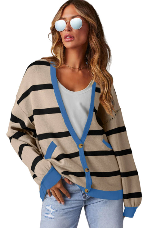 Colorblock Drop Shoulder V-Neck Button Front Cardigan Sweater