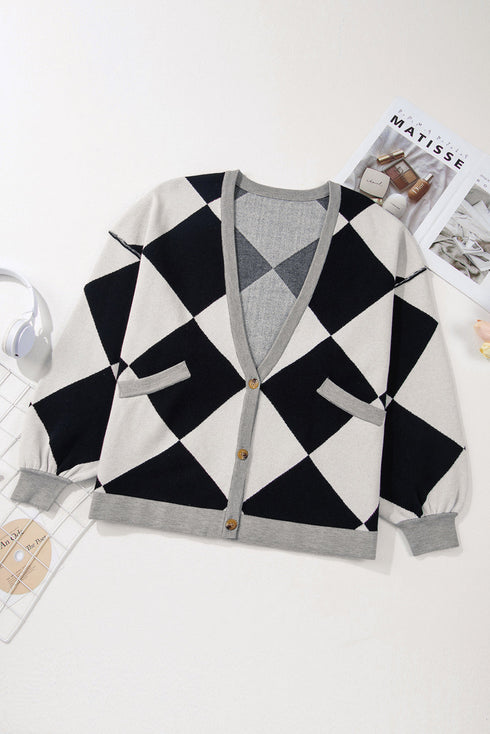 Colorblock Drop Shoulder V-Neck Button Front Cardigan Sweater