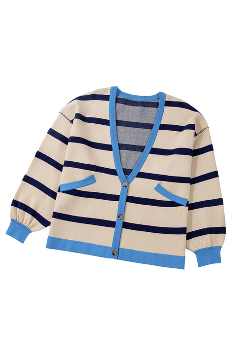 Colorblock Drop Shoulder V-Neck Button Front Cardigan Sweater