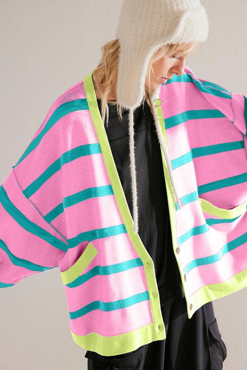 Colorblock Drop Shoulder V-Neck Button Front Cardigan Sweater