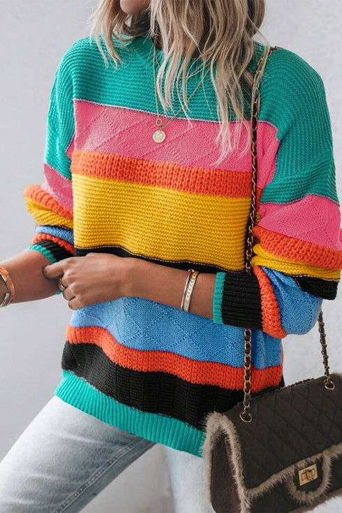 Colorblock Mixed Textured Drop Shoulder Sweater