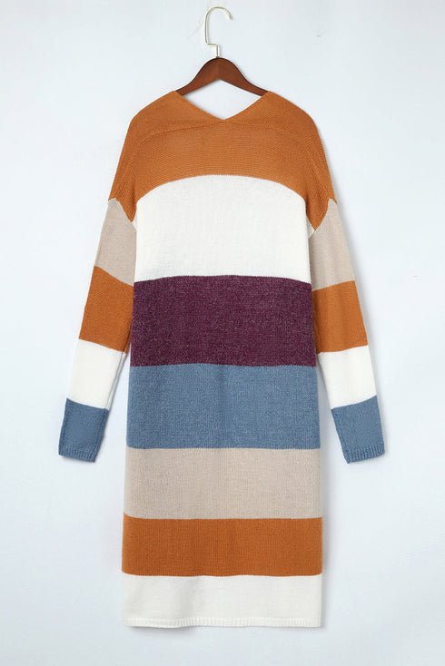 Colorblock Open Front Long Knit Cardigan