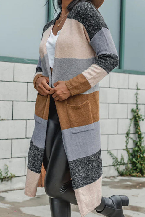 Colorblock Open Front Long Knit Cardigan