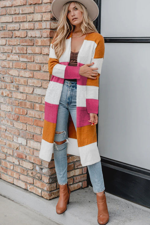 Colorblock Open Front Long Knit Cardigan
