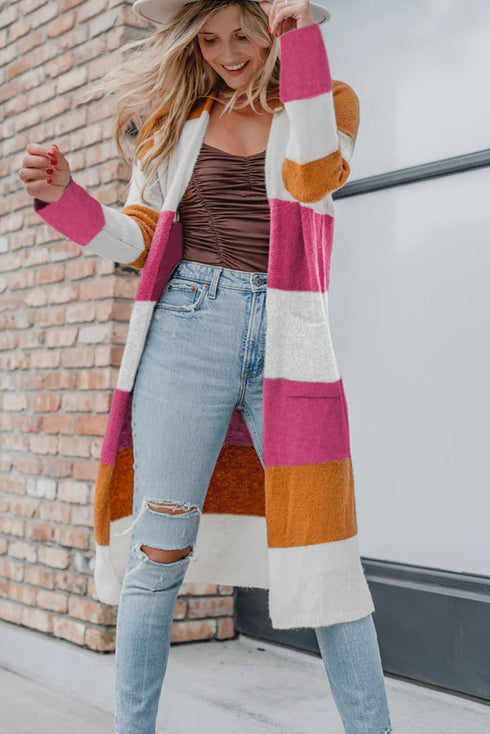 Colorblock Open Front Long Knit Cardigan