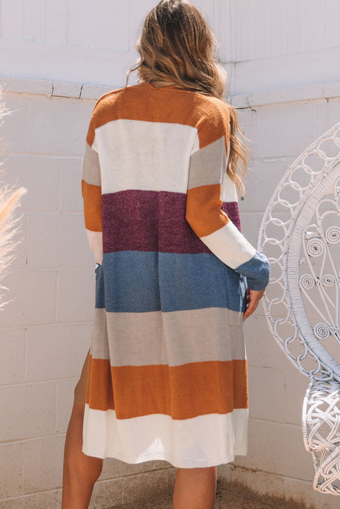 Colorblock Open Front Long Knit Cardigan
