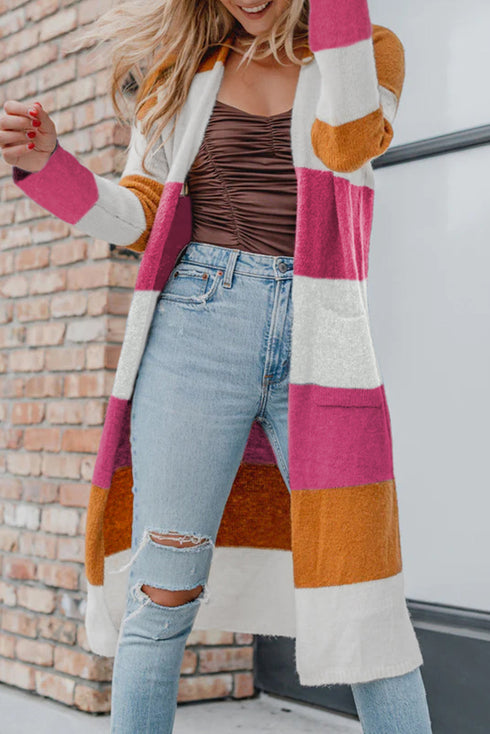 Colorblock Open Front Long Knit Cardigan