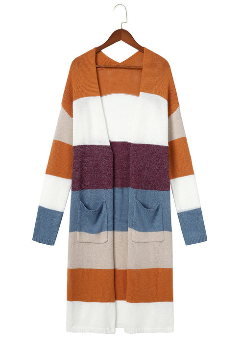 Colorblock Open Front Long Knit Cardigan