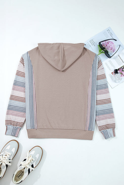 Colorblock Patchwork Knit Sleeve Drop Shoulder Drawstring Hoodie