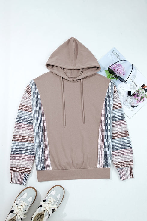 Colorblock Patchwork Knit Sleeve Drop Shoulder Drawstring Hoodie