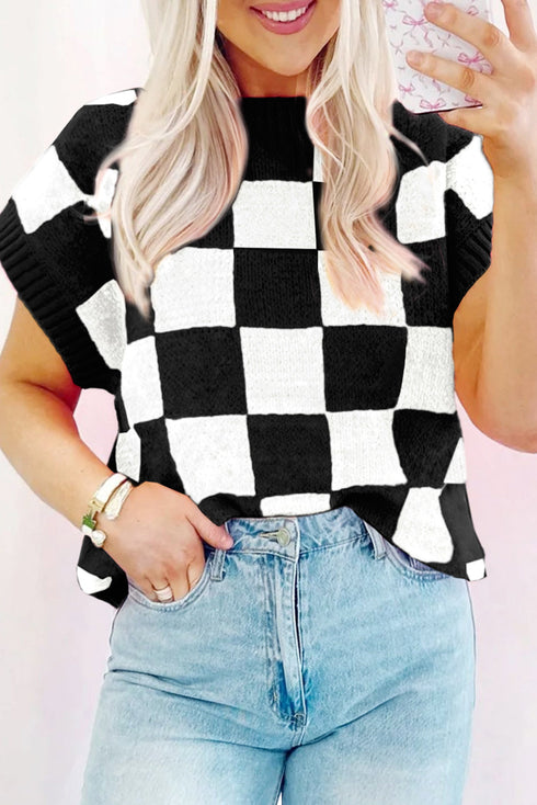 Colorblock Plaid Pattern Ribbed Trim Sweater Tank Top