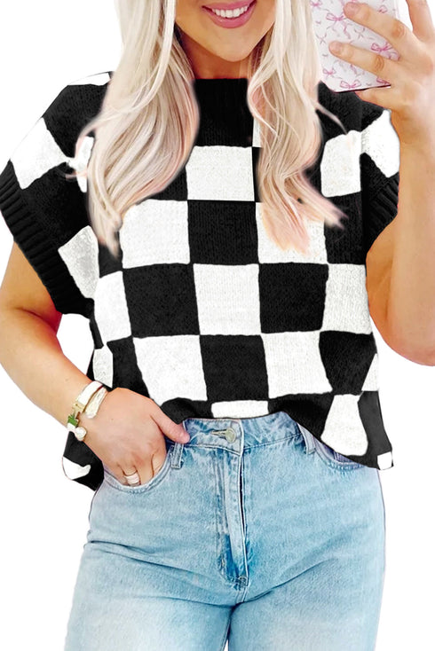 Colorblock Plaid Pattern Ribbed Trim Sweater Tank Top