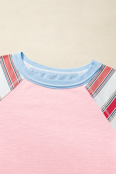 Colorblock Raglan Striped Exposed Seam Round Neck Long Sleeve Top