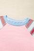 Colorblock Raglan Striped Exposed Seam Round Neck Long Sleeve Top