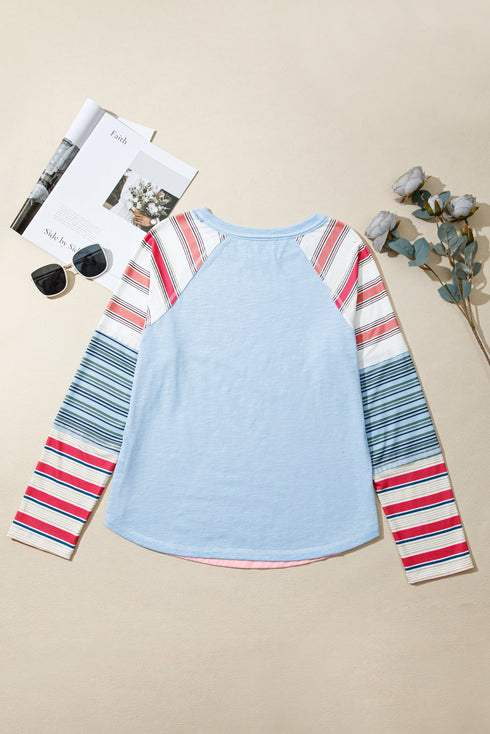Colorblock Raglan Striped Exposed Seam Round Neck Long Sleeve Top