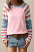 Colorblock Raglan Striped Exposed Seam Round Neck Long Sleeve Top