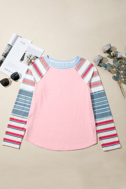 Colorblock Raglan Striped Exposed Seam Round Neck Long Sleeve Top