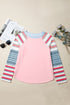 Colorblock Raglan Striped Exposed Seam Round Neck Long Sleeve Top
