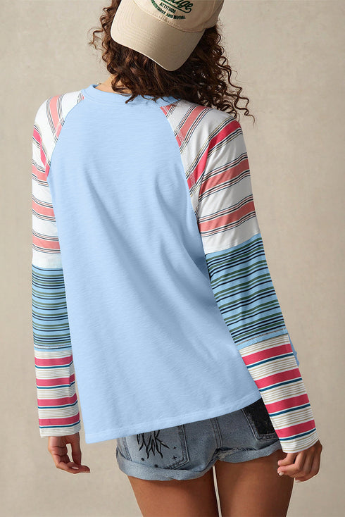 Colorblock Raglan Striped Exposed Seam Round Neck Long Sleeve Top