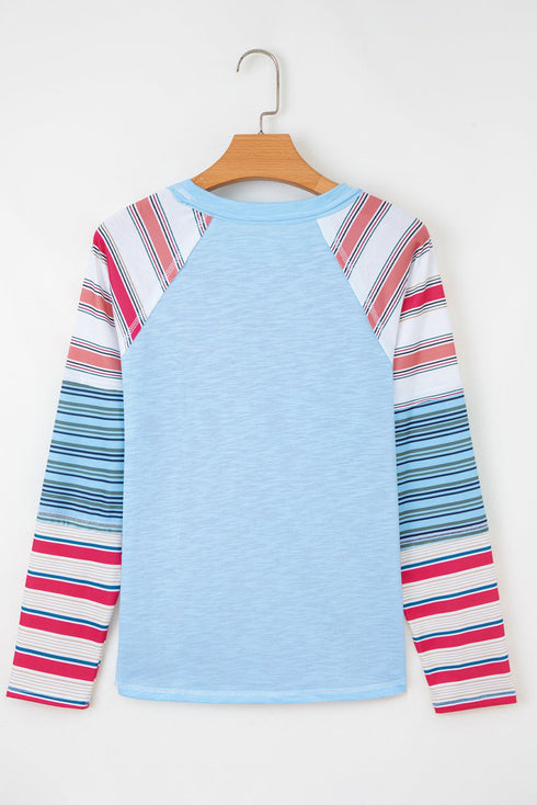 Colorblock Raglan Striped Exposed Seam Round Neck Long Sleeve Top