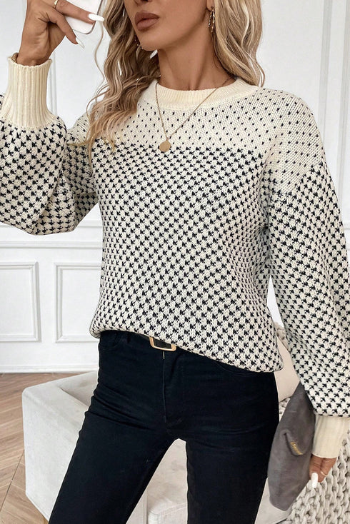 Colorblock Rib Yoke Geometric Jacquard Lantern Sleeve Drop Shoulder Sweater