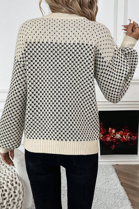 Colorblock Rib Yoke Geometric Jacquard Lantern Sleeve Drop Shoulder Sweater