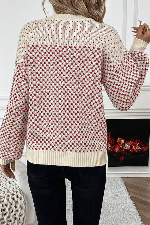 Colorblock Rib Yoke Geometric Jacquard Lantern Sleeve Drop Shoulder Sweater