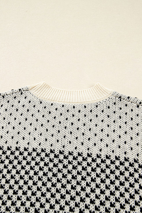 Colorblock Rib Yoke Geometric Jacquard Lantern Sleeve Drop Shoulder Sweater