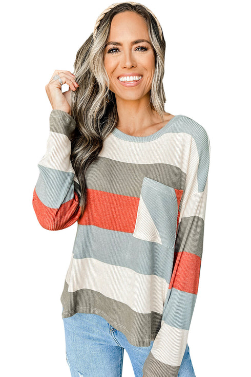 Colorblock Ribbed Knit Top With Pocket