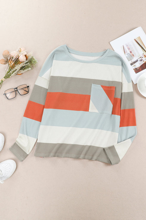 Colorblock Ribbed Knit Top With Pocket
