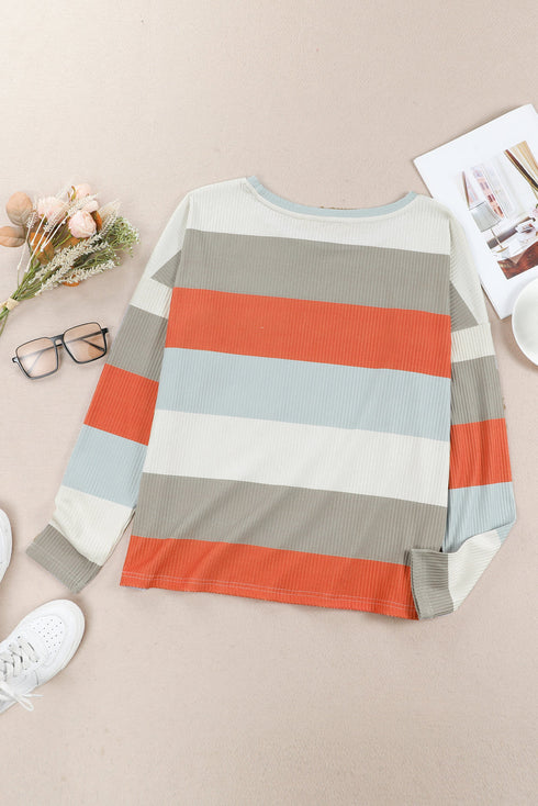 Colorblock Ribbed Knit Top With Pocket