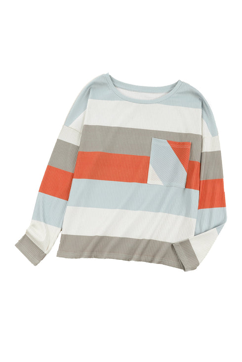 Colorblock Ribbed Knit Top With Pocket