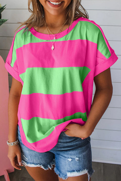Colorblock Rounded Hem Loose T Shirt